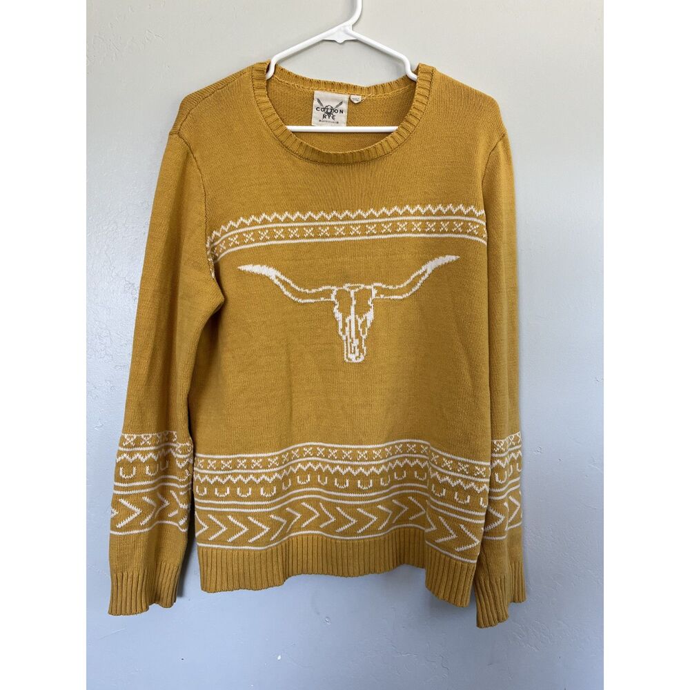 COTTON & RYE Western Longhorn Mustard Knit Sweater Women's size XL